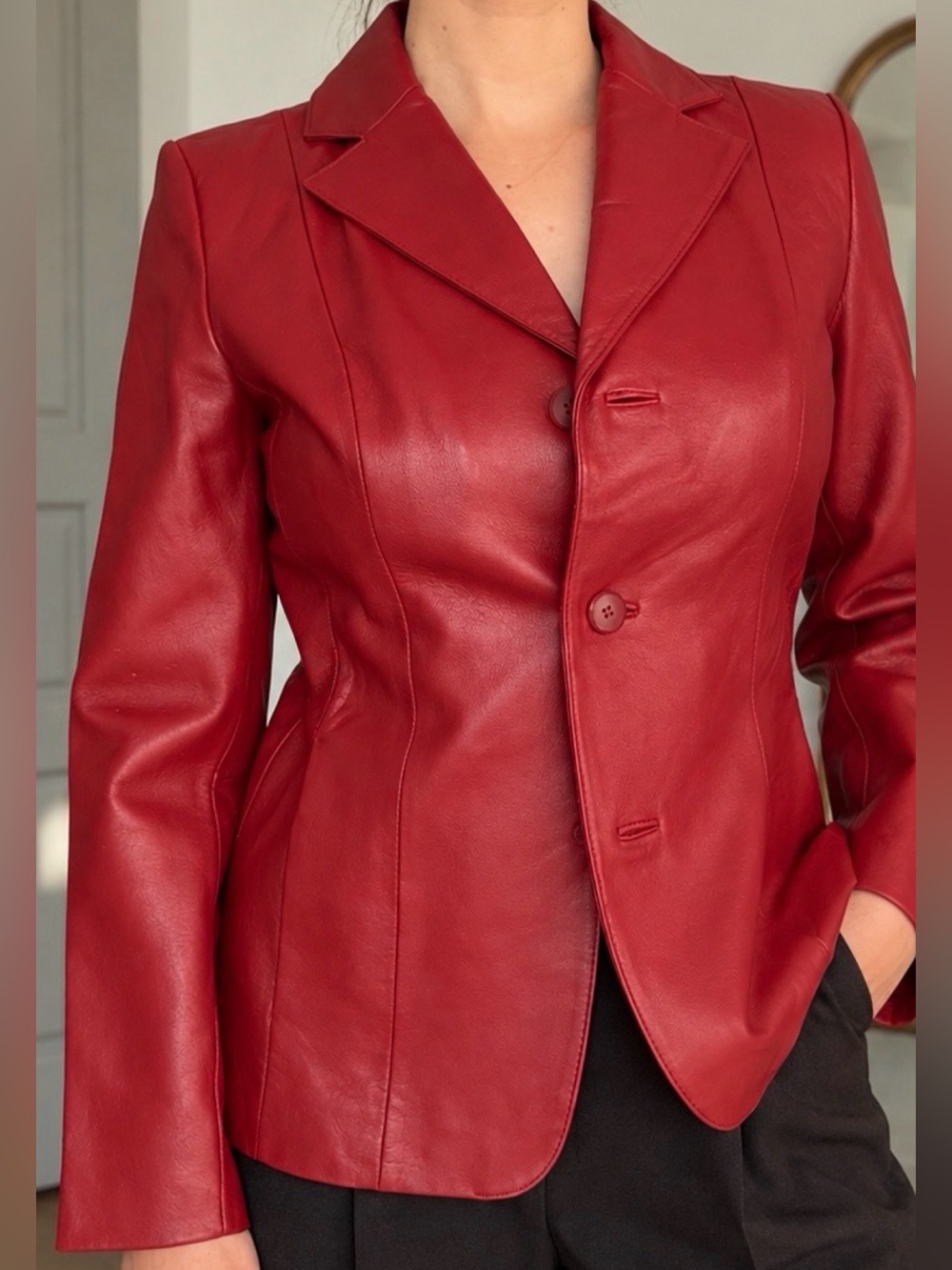 Cherry Red Leather Blazer | 90s Y2K Fitted
Jacket